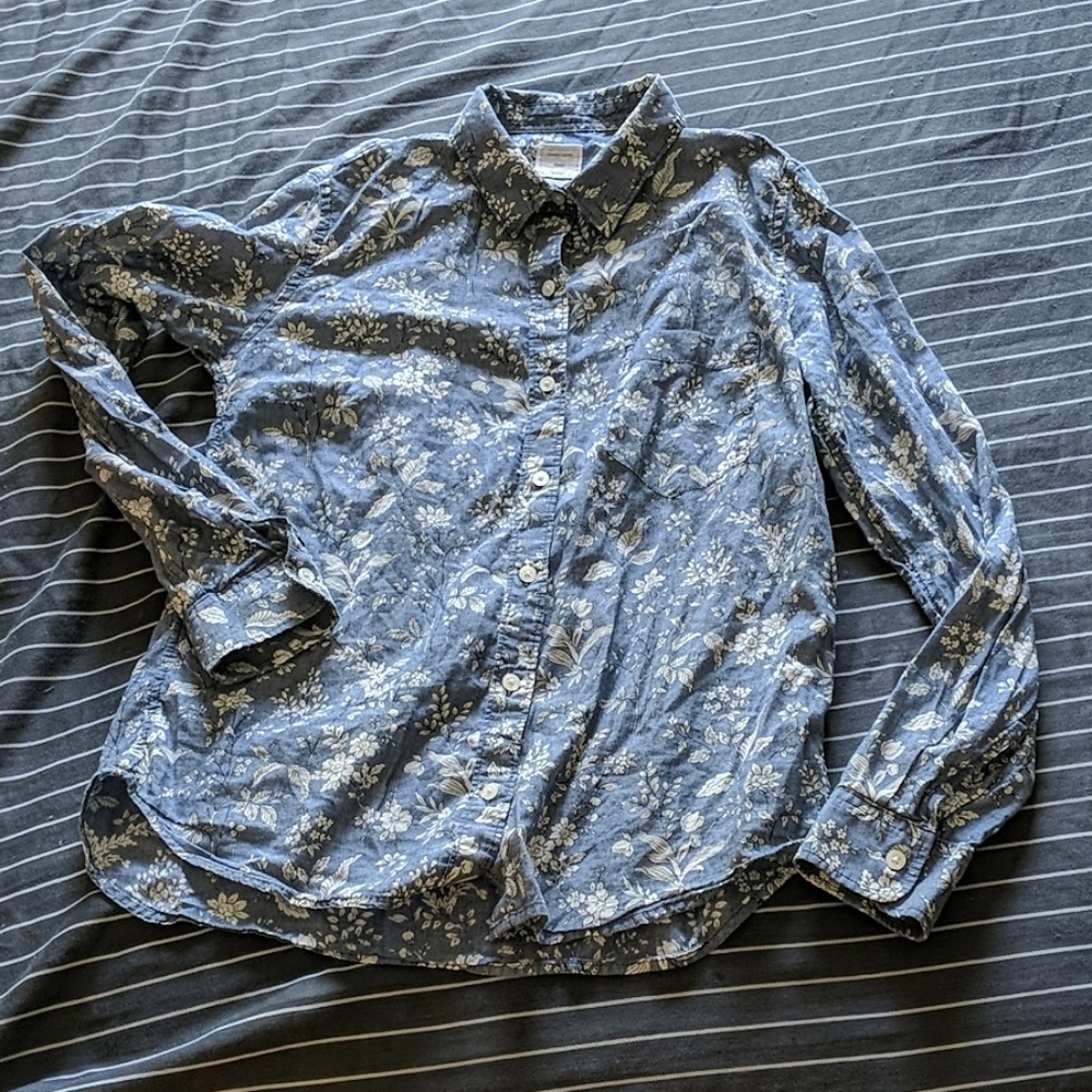 Chambray Floral Button Up Blouse